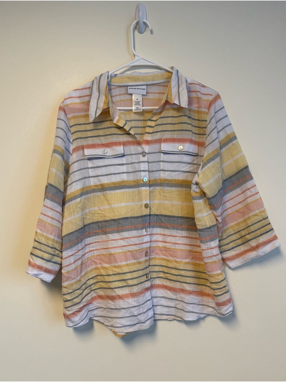 Alfred Dunner Multi-Stripe Button-Front Shirt in Yellow and Gray